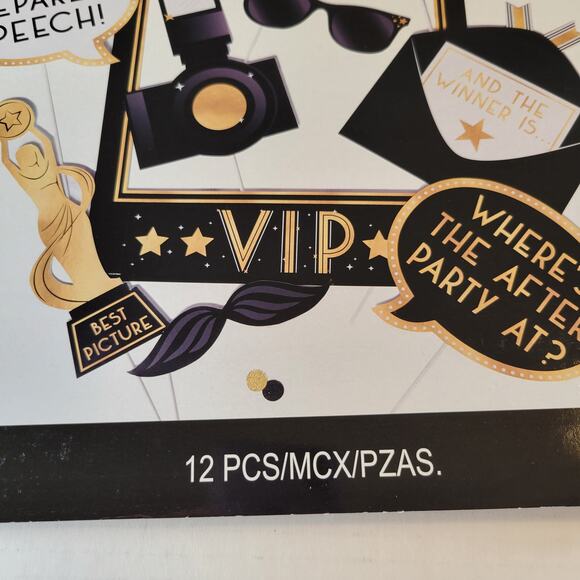 Hollywood VIP Party Photo Booth Props 12-Piece Set Black & Gold Decor Awards - Picture 11 of 13